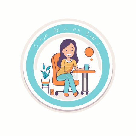 Illustration for Stay at home. Girl sitting at the table with a cup of coffee. Vector illustration. - Royalty Free Image