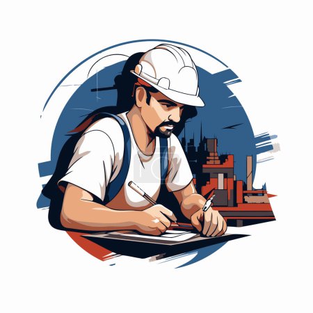 Illustration for Engineer on the construction site. Vector illustration in retro style. - Royalty Free Image