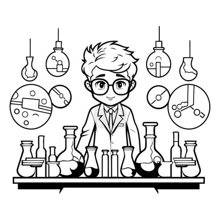 Illustration for Scientist in laboratory. Black and white vector illustration for coloring book. - Royalty Free Image