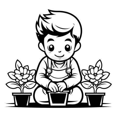 Téléchargez les illustrations : Boy Planting Flowers - Illustration de bande dessinée en noir et blanc. Vecteur - en licence libre de droit