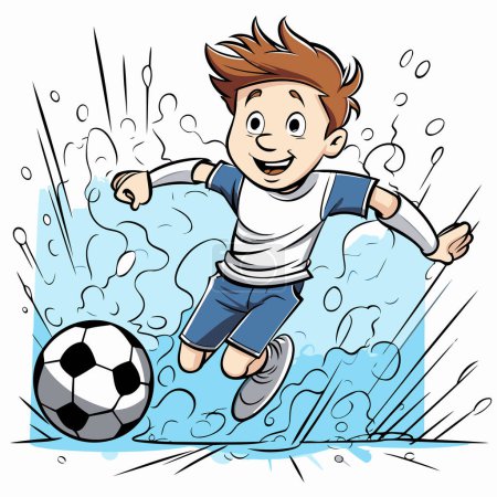 Illustration for Cartoon illustration of a boy kicking a soccer ball in the rain - Royalty Free Image