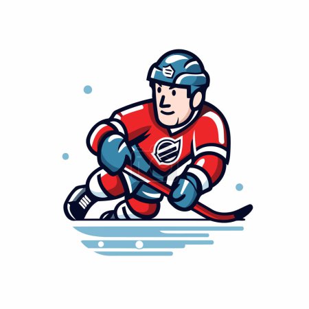Téléchargez les illustrations : Joueur de hockey sur glace avec le bâton et la rondelle. Illustration vectorielle dans le style dessin animé. - en licence libre de droit