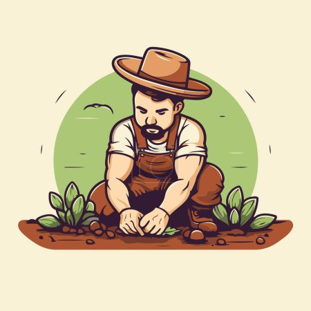 Téléchargez les illustrations : Plantation paysanne dans le jardin. Illustration vectorielle d'un homme travaillant dans le jardin. - en licence libre de droit