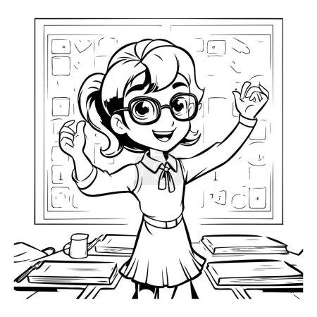 Téléchargez les illustrations : Illustration en noir et blanc d'une écolière levant la main dans la classe. - en licence libre de droit