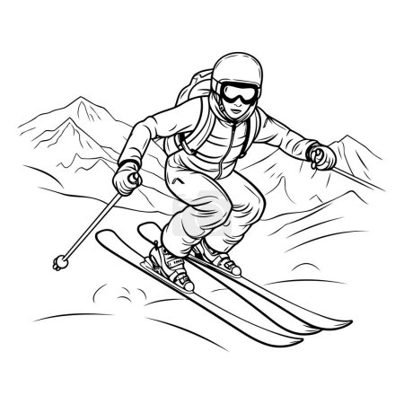 Illustration for Skiing - black and white vector illustration of skier skiing downhill - Royalty Free Image