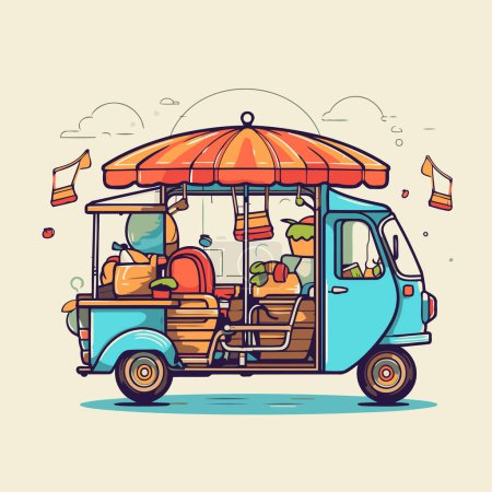 Illustration for Food truck with fruits and vegetables. Vector illustration in cartoon style. - Royalty Free Image