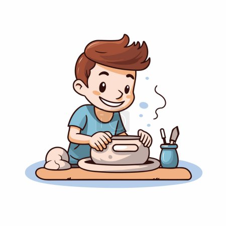 Cute boy making clay pot. Vector illustration in cartoon style.