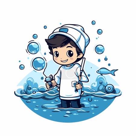 Illustration for Cute cartoon boy with fishing rod and bubbles. Vector illustration. - Royalty Free Image