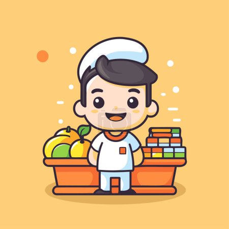 Illustration for Cute Cartoon Chef Character with Fruit Basket. Vector Illustration - Royalty Free Image