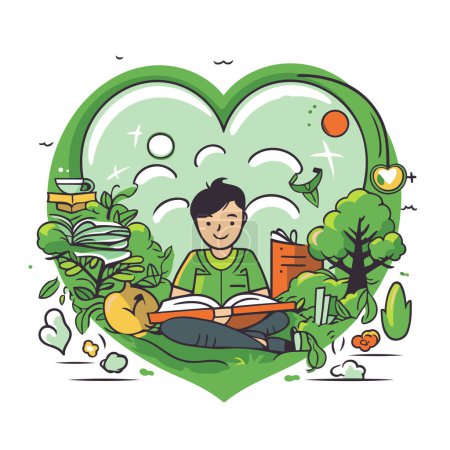 Téléchargez les illustrations : Illustration vectorielle d'un homme lisant un livre dans un parc en forme de cœur. - en licence libre de droit