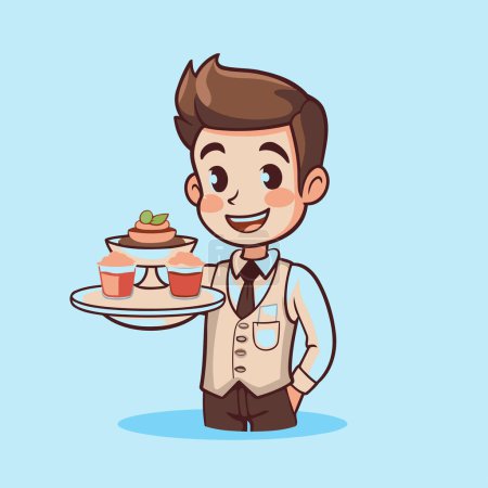 Ilustración de Camarero con una bandeja de pasteles. Ilustración vectorial en estilo de dibujos animados - Imagen libre de derechos