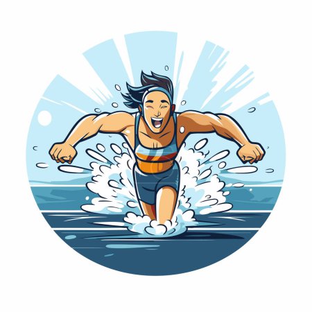Illustration for Vector illustration of a young man jumping into the water on a surfboard - Royalty Free Image