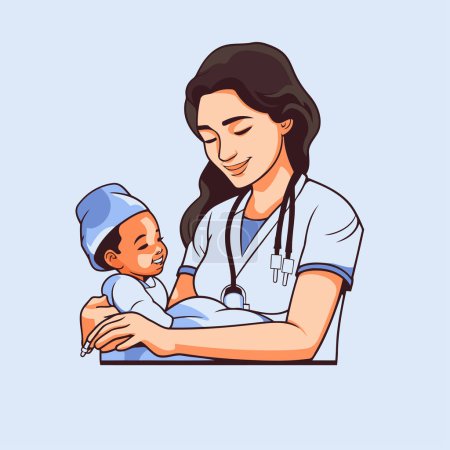 Illustration for Nurse holding a newborn baby in her arms. Vector illustration. - Royalty Free Image