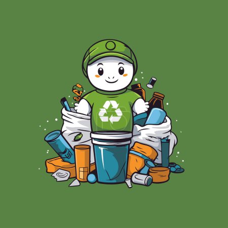 Téléchargez les illustrations : Illustration vectorielle d'un personnage de dessin animé en costume de protection vert. Concept de recyclage. - en licence libre de droit