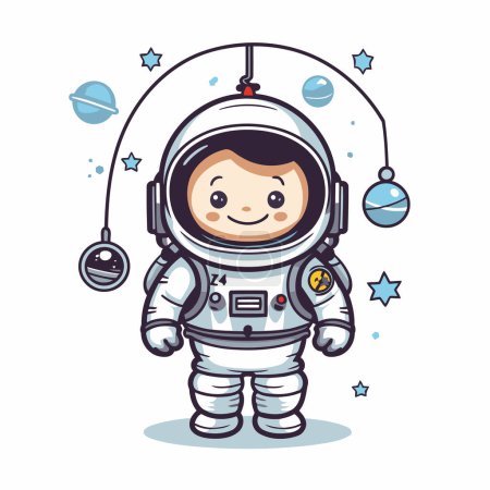 Illustration for Cute cartoon astronaut with space elements on white background. Vector illustration. - Royalty Free Image