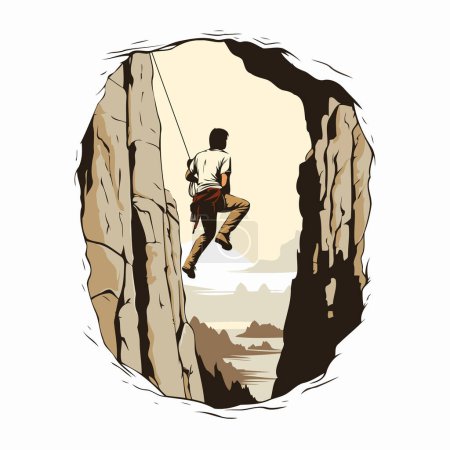 Téléchargez les illustrations : Illustration vectorielle d'un alpiniste grimpant sur un rocher dans les montagnes - en licence libre de droit