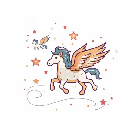 Ilustración de Unicornio con alas y estrellas. Ilustración vectorial en estilo de dibujos animados. - Imagen libre de derechos