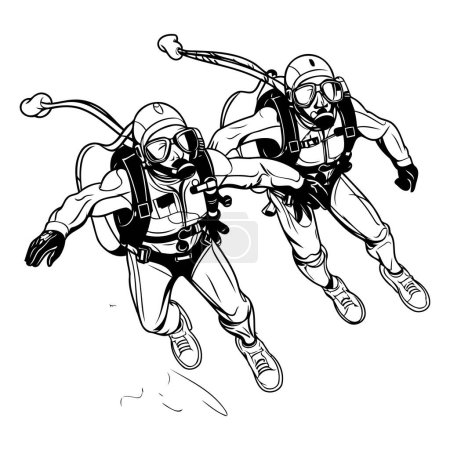 Couple of scuba divers jumping. sketch for your design. Vector illustration
