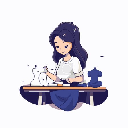 Illustration for Girl seamstress working with sewing machine. Vector illustration in cartoon style. - Royalty Free Image