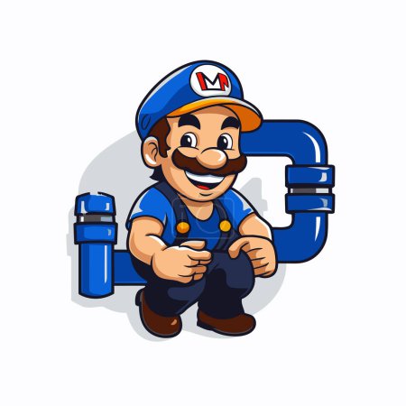 Illustration for Plumber Repairman with Pipe Cartoon Mascot Character Isolated - Royalty Free Image