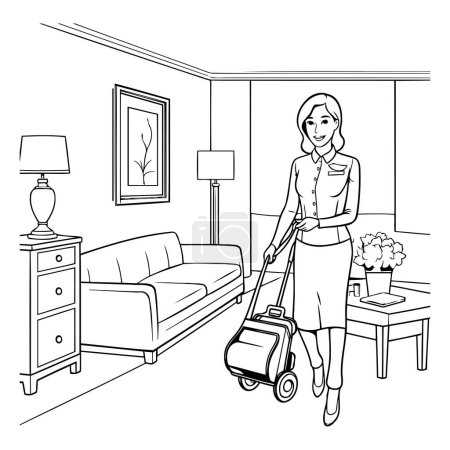Illustration for Housewife with vacuum cleaner cartoon in black and white vector illustration graphic design - Royalty Free Image