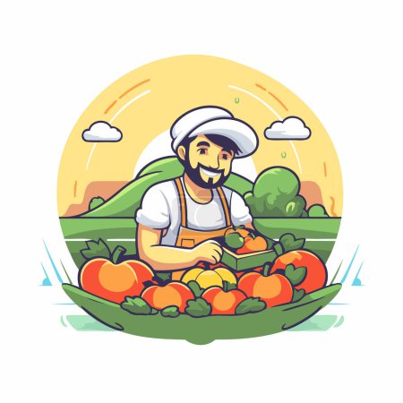 Téléchargez les illustrations : Récolte des légumes. Fermier avec un chapeau et un tablier. Illustration vectorielle. - en licence libre de droit