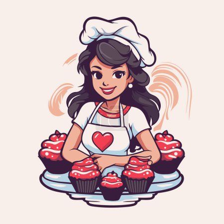 Téléchargez les illustrations : Chef fille avec des cupcakes. Illustration vectorielle dans le style dessin animé. - en licence libre de droit