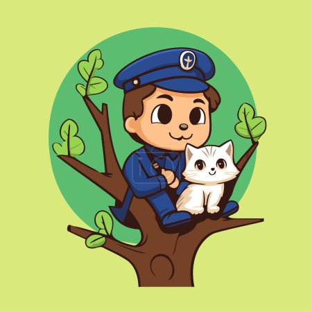 Illustration for Policeman and cat on tree vector illustration. Cartoon style. - Royalty Free Image