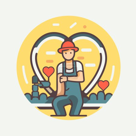 Illustration for Gardener in love. Flat style vector illustration. Round icon. - Royalty Free Image