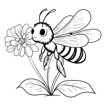 Illustration for Bee and flower. black and white vector illustration for coloring book. - Royalty Free Image