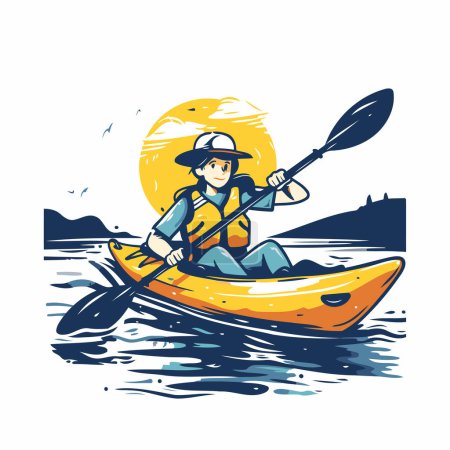 Illustration for Man in a kayak on the river. Vector illustration of a man in a kayak. - Royalty Free Image