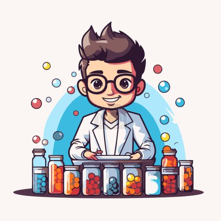 Illustration for Cartoon scientist holding test tubes. Vector illustration in cartoon style. - Royalty Free Image