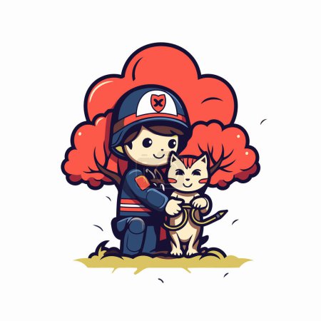 Téléchargez les illustrations : Joli petit garçon et chat en uniforme de pompier. Illustration vectorielle. - en licence libre de droit