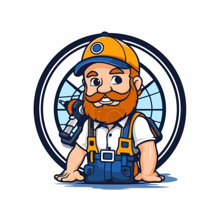 Illustration for Vector illustration of a plumber in helmet and overalls with wrench - Royalty Free Image