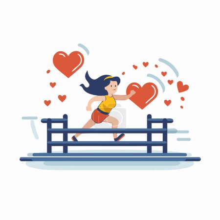 Illustration for Woman running on a wooden bench with hearts around her. Flat vector illustration. - Royalty Free Image