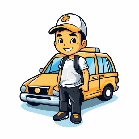 Téléchargez les illustrations : Illustration vectorielle d'un garçon avec un sac à dos et un taxi jaune. - en licence libre de droit
