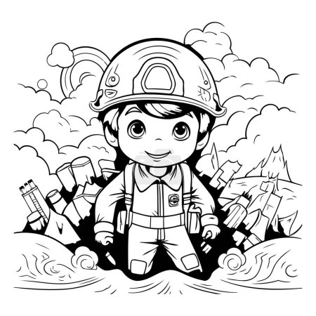 Ilustración de Ilustración de dibujos animados en blanco y negro del lindo bombero o bombero de Little Boy Carácter para colorear libro - Imagen libre de derechos