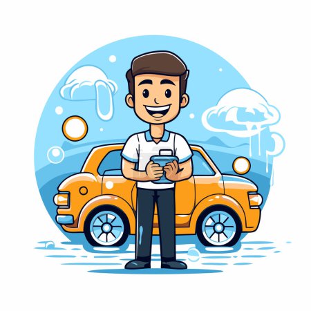 Illustration for Man with mobile phone and car. Vector illustration in cartoon style. - Royalty Free Image