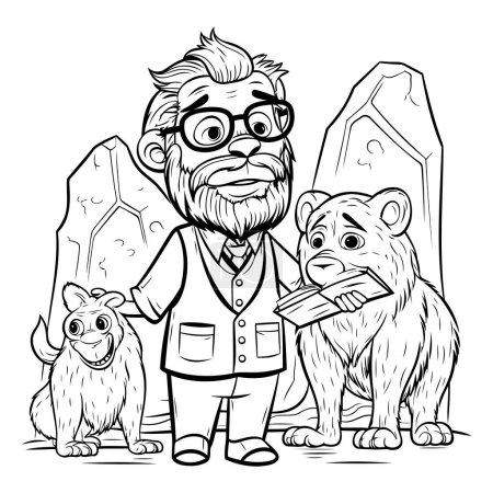 Téléchargez les illustrations : Illustration vectorielle d'un homme avec un chien et une pierre. Livre à colorier pour adultes. - en licence libre de droit