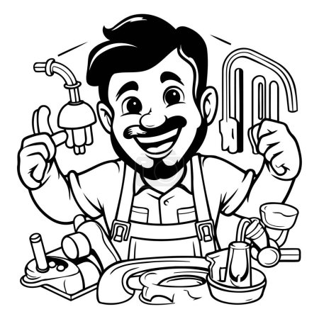 Téléchargez les illustrations : Dessin animé noir et blanc Illustration d'un plombier ou d'un plombier avec des outils pour la plomberie - en licence libre de droit