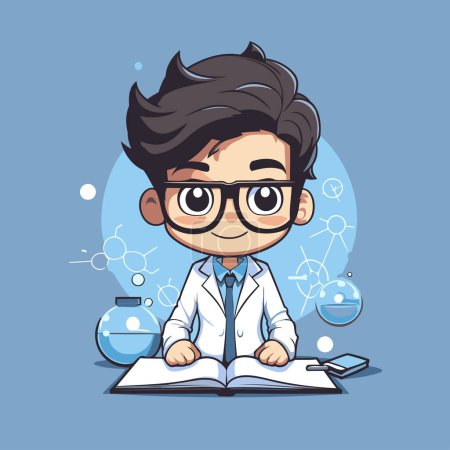 Illustration for Boy in science gowns and glasses reading a book. Vector illustration. - Royalty Free Image