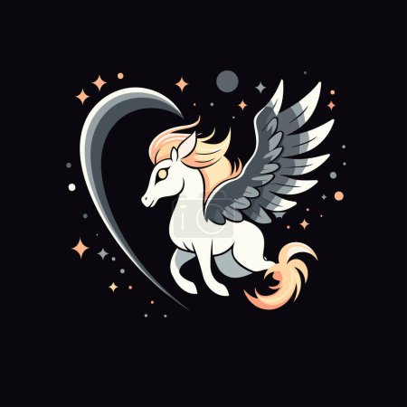 Ilustración de Ilustración vectorial de un unicornio volador con alas y corazón sobre un fondo negro. - Imagen libre de derechos