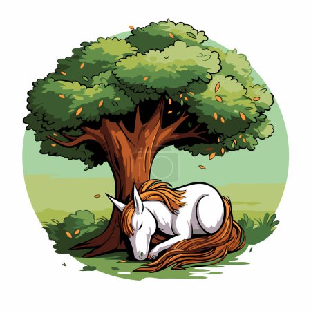 Illustration for Illustration of a white unicorn sleeping under a big tree on a summer day - Royalty Free Image