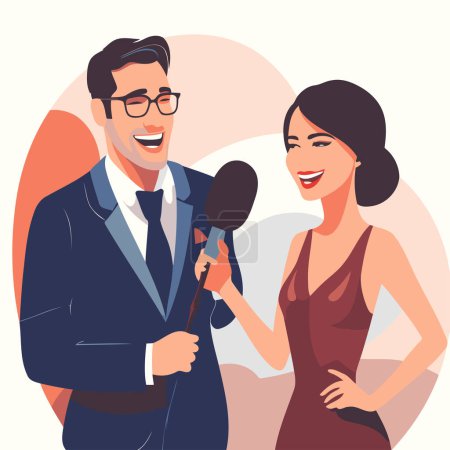 Couple of journalists interviewing woman with microphone. Vector illustration in cartoon style