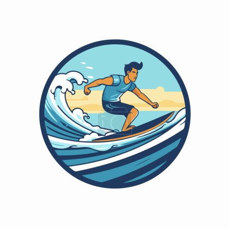 Illustration for Vector illustration of a surfer riding on a wave viewed from the side set inside circle on isolated background. - Royalty Free Image