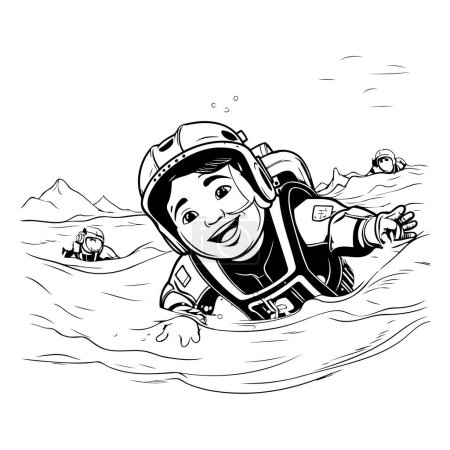 Illustration for Cartoon diver on the water. Black and white vector illustration. - Royalty Free Image