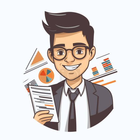 Illustration for Businessman holding paper with charts and graphs. Vector illustration in cartoon style. - Royalty Free Image
