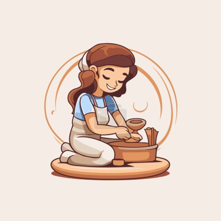 Potter girl making pottery. Vector illustration in cartoon style.