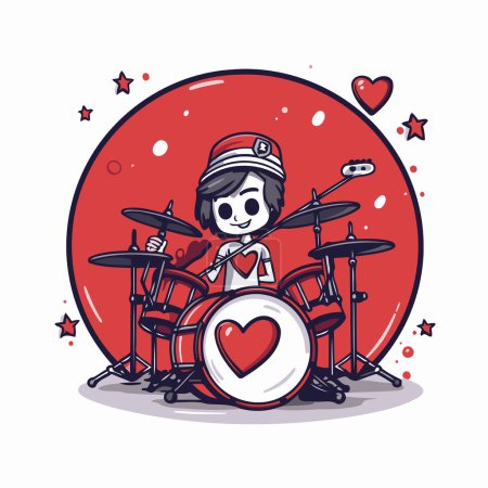 Cute girl playing drum set. Vector illustration in cartoon style.