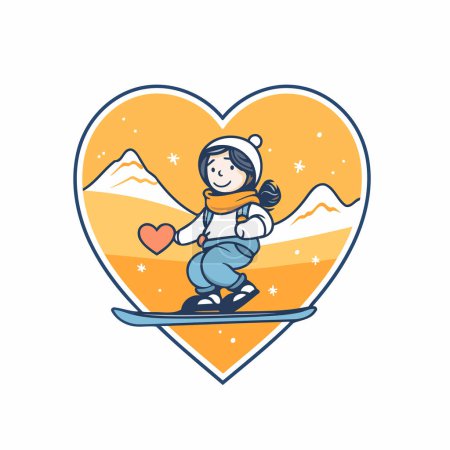 Téléchargez les illustrations : Snowboarder girl en forme de cœur. Illustration vectorielle. - en licence libre de droit